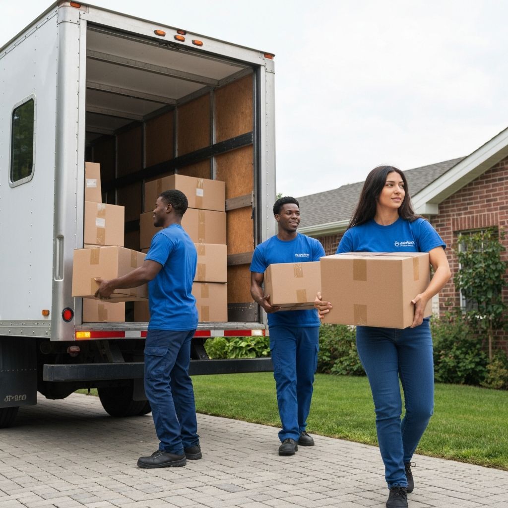 Professional moving truck with workers carrying boxes
